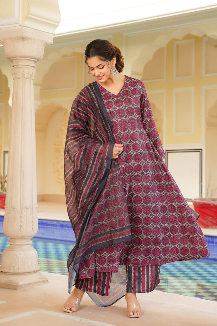 Pink Rayon Blend Floral Printed A-Line Kurta Palazzo With Dupatta| SHOBITAM