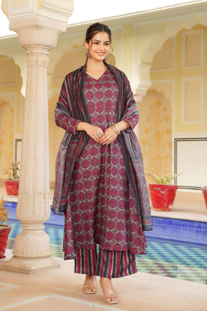 Pink Rayon Blend Floral Printed A-Line Kurta Palazzo With Dupatta| SHOBITAM