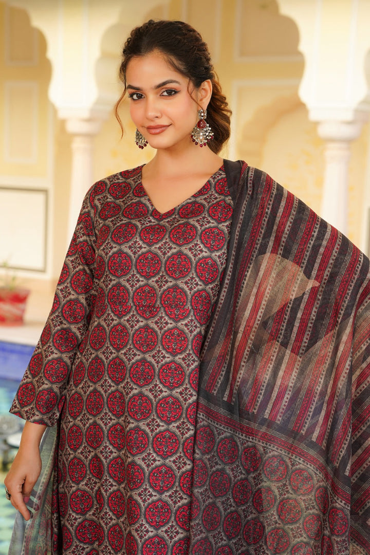 Red Rayon Blend Floral Printed A-Line Kurta Palazzo With Dupatta | SHOBITAM