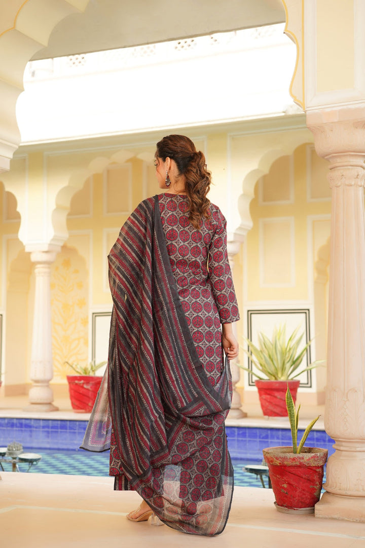Red Rayon Blend Floral Printed A-Line Kurta Palazzo With Dupatta | SHOBITAM