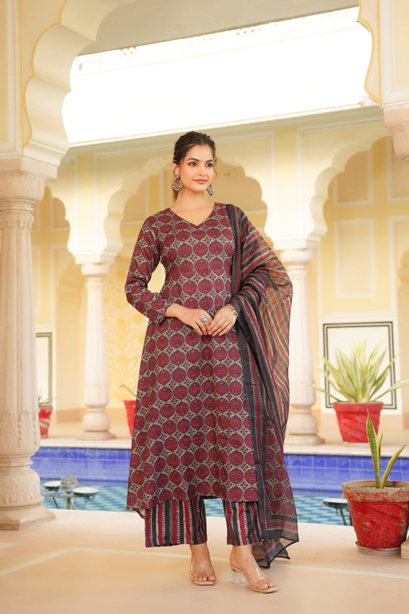 Red Rayon Blend Floral Printed A-Line Kurta Palazzo With Dupatta | SHOBITAM