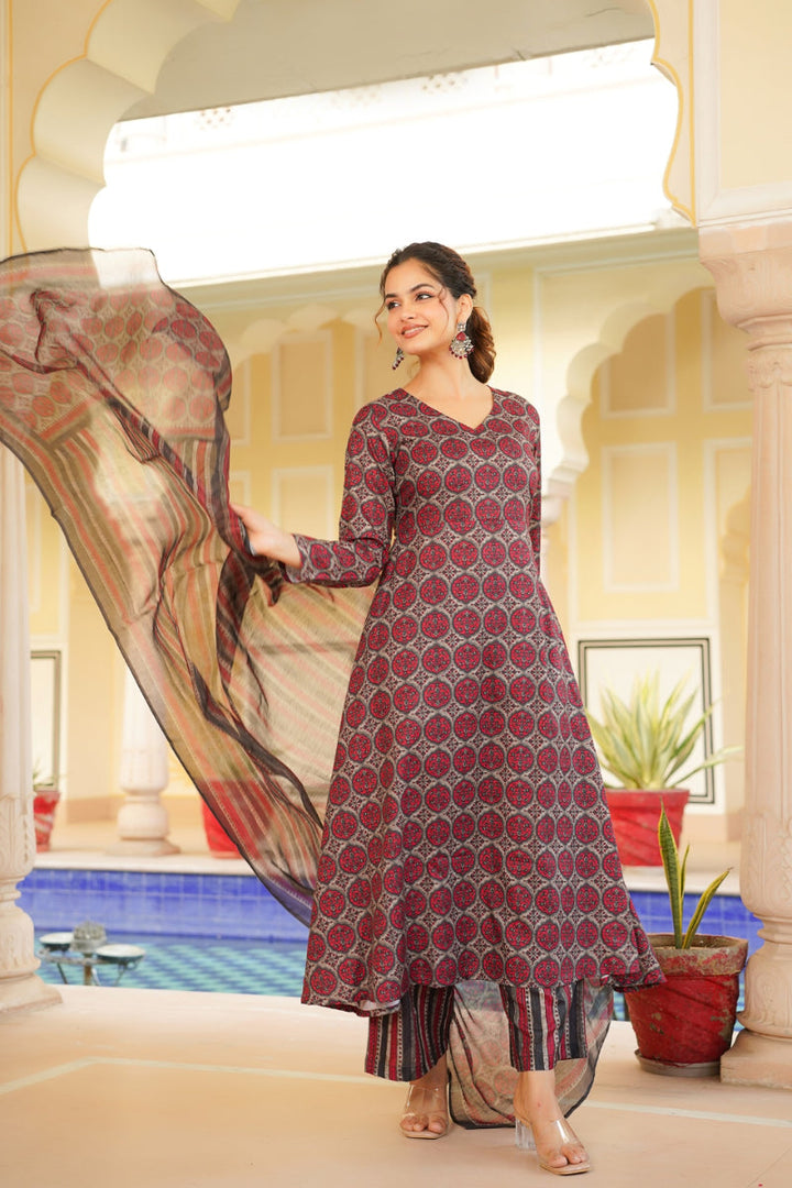 Red Rayon Blend Floral Printed A-Line Kurta Palazzo With Dupatta | SHOBITAM