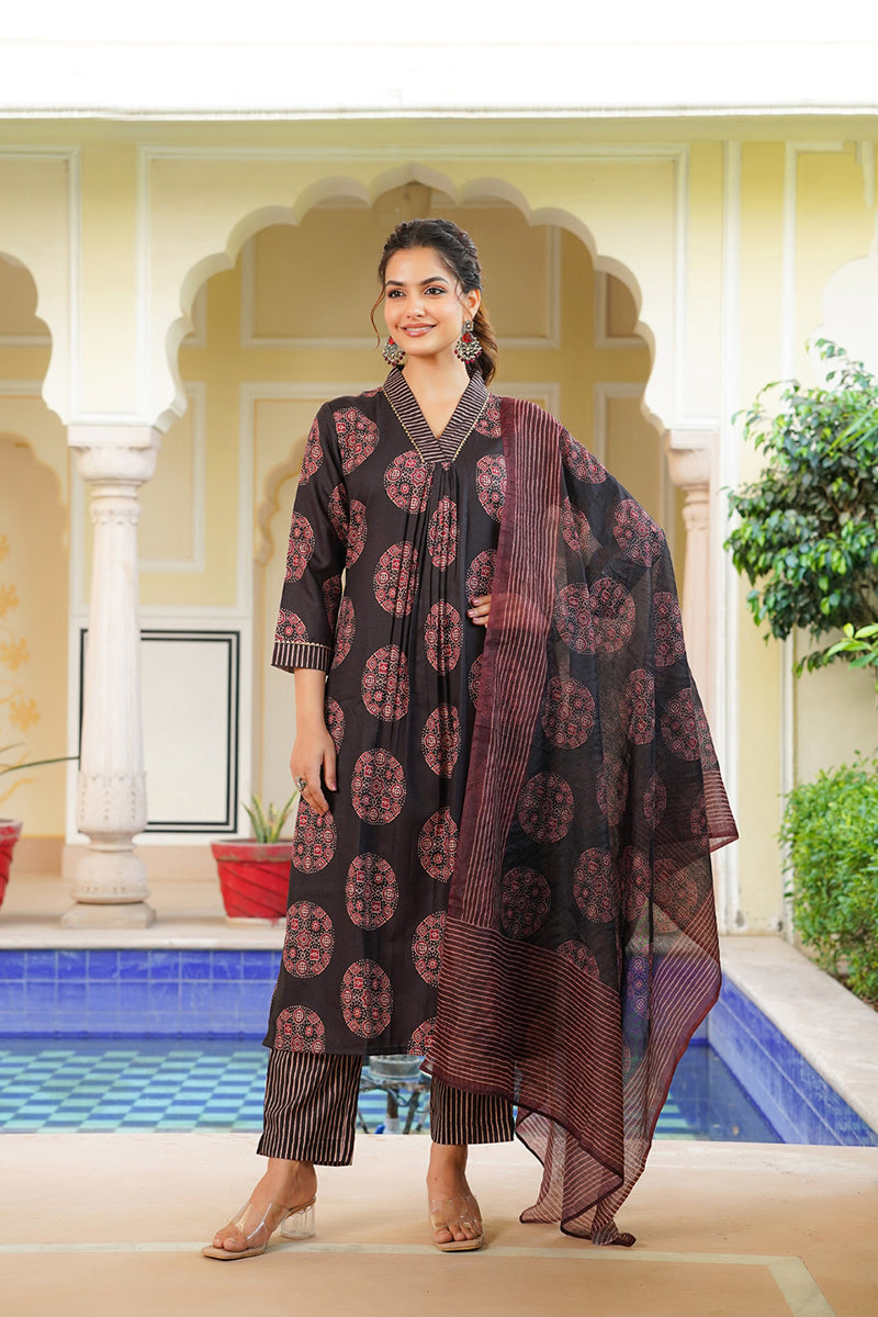 Black Rayon Blend Ajrakh Printed Straight Kurta Trousers With Dupatta | SHOBITAM