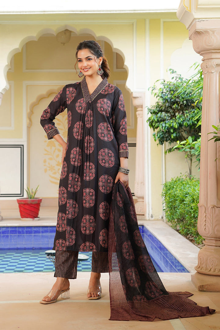 Black Rayon Blend Ajrakh Printed Straight Kurta Trousers With Dupatta | SHOBITAM