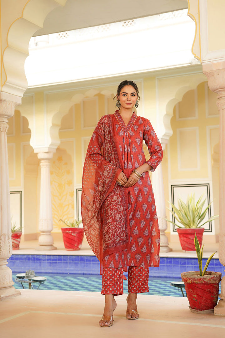 Red Rayon Blend Floral Printed Straight Kurta Trouser With Dupatta | SHOBITAM