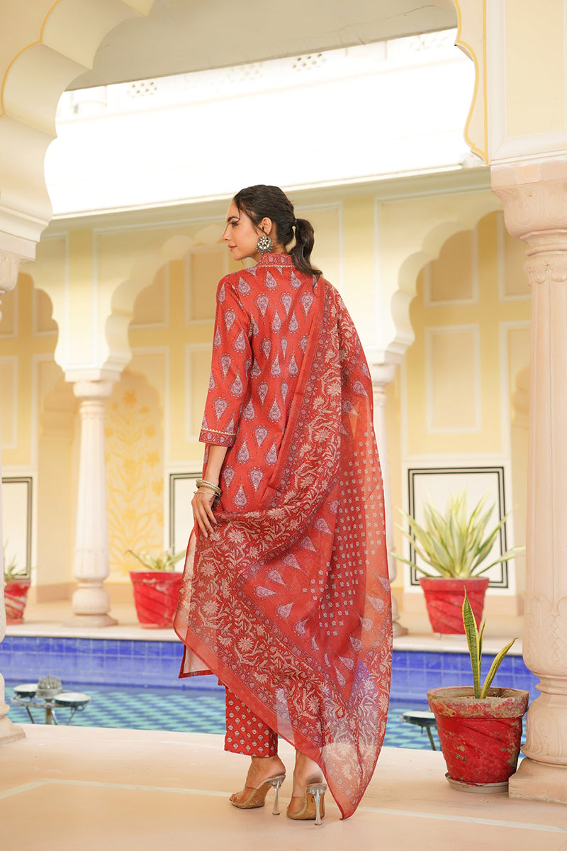 Red Rayon Blend Floral Printed Straight Kurta Trouser With Dupatta | SHOBITAM