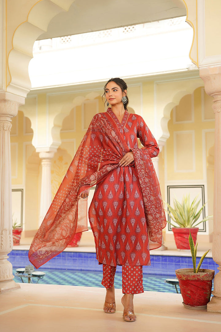 Red Rayon Blend Floral Printed Straight Kurta Trouser With Dupatta | SHOBITAM