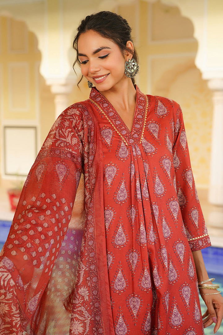 Red Rayon Blend Floral Printed Straight Kurta Trouser With Dupatta | SHOBITAM