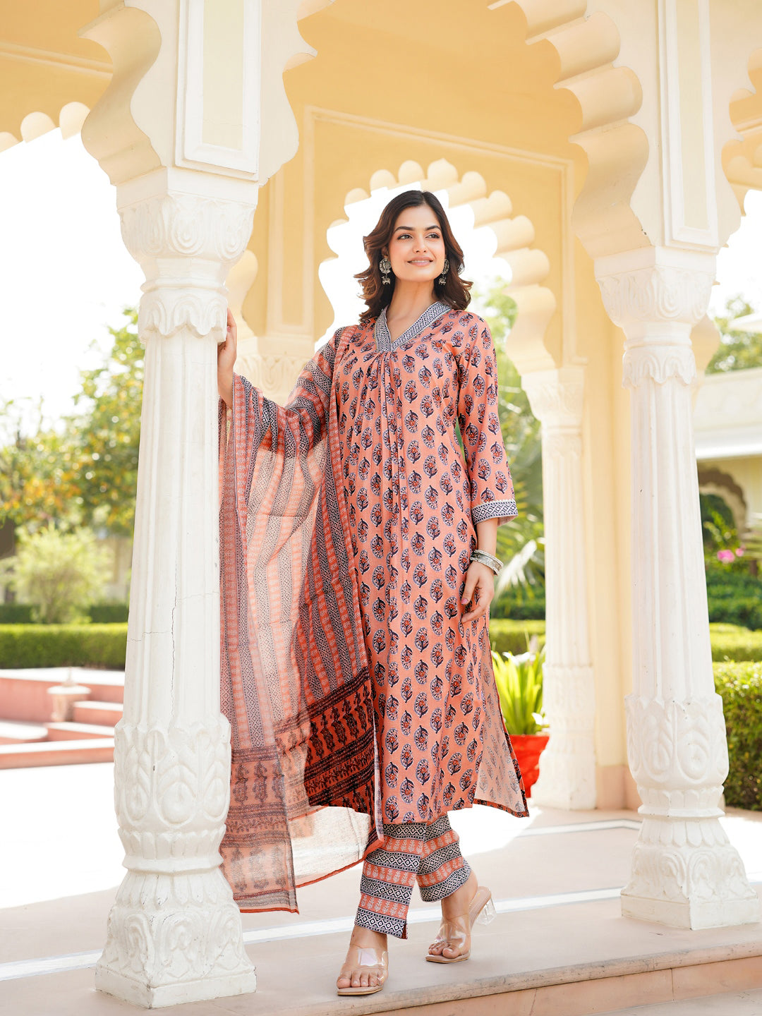 Peach Rayon Blend Ethnic Motifs Printed Straight Kurta Trousers With Dupatta | SHOBITAM