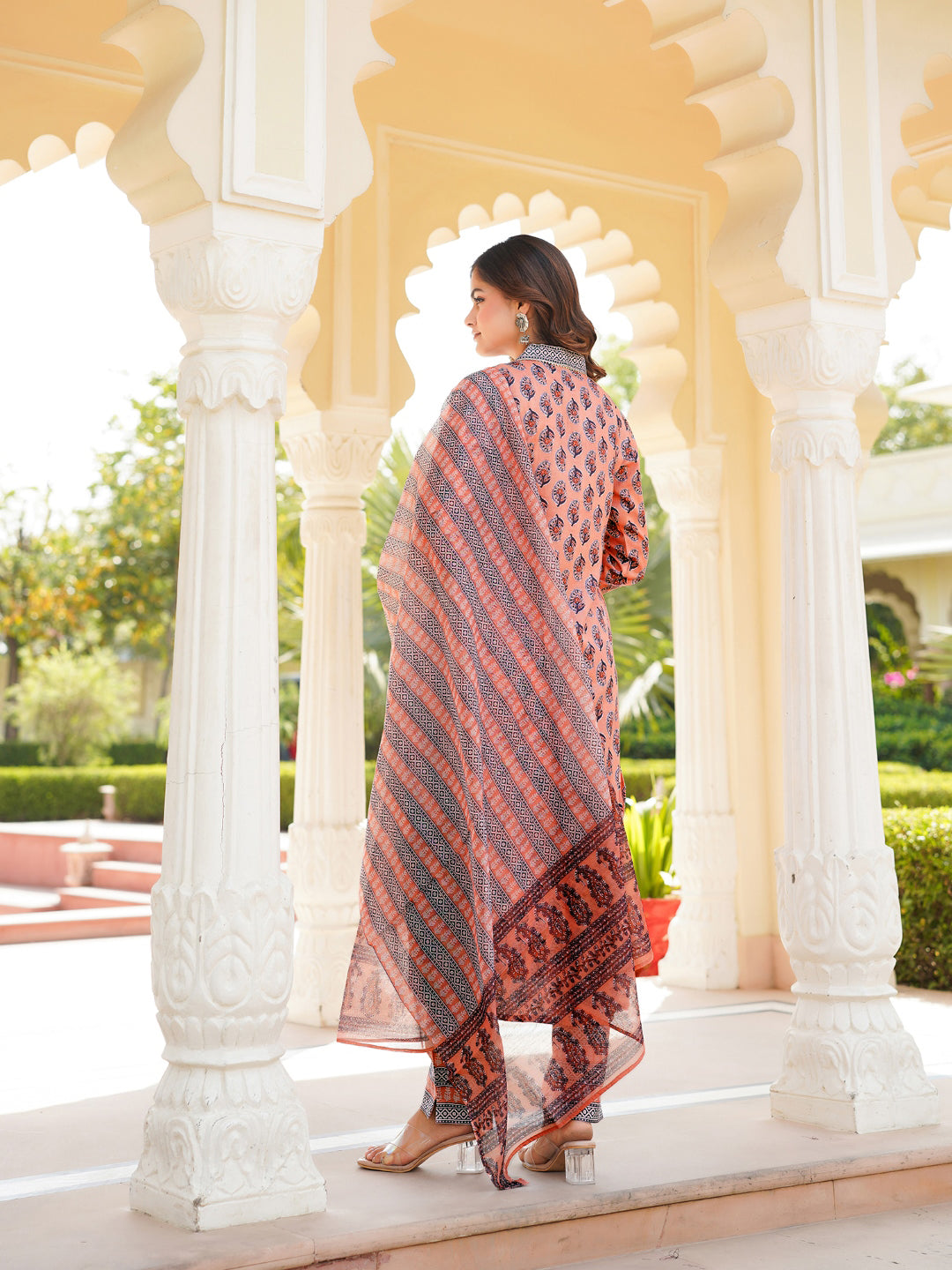 Peach Rayon Blend Ethnic Motifs Printed Straight Kurta Trousers With Dupatta | SHOBITAM