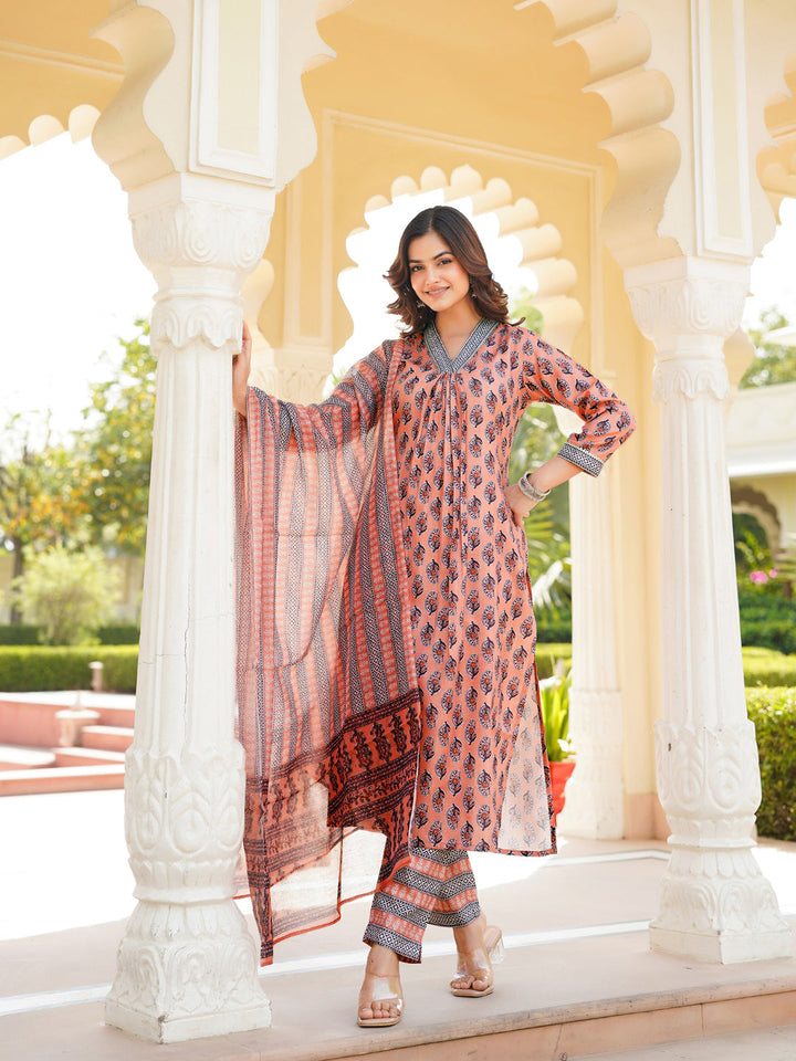 Peach Rayon Blend Ethnic Motifs Printed Straight Kurta Trousers With Dupatta | SHOBITAM
