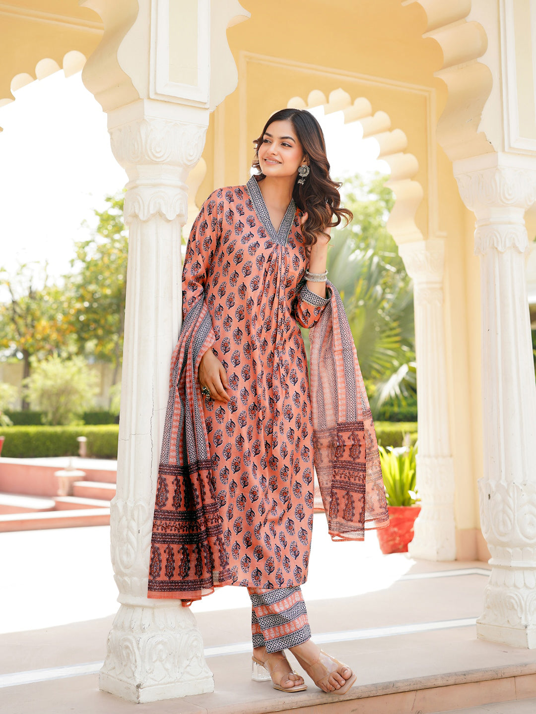Peach Rayon Blend Ethnic Motifs Printed Straight Kurta Trousers With Dupatta | SHOBITAM