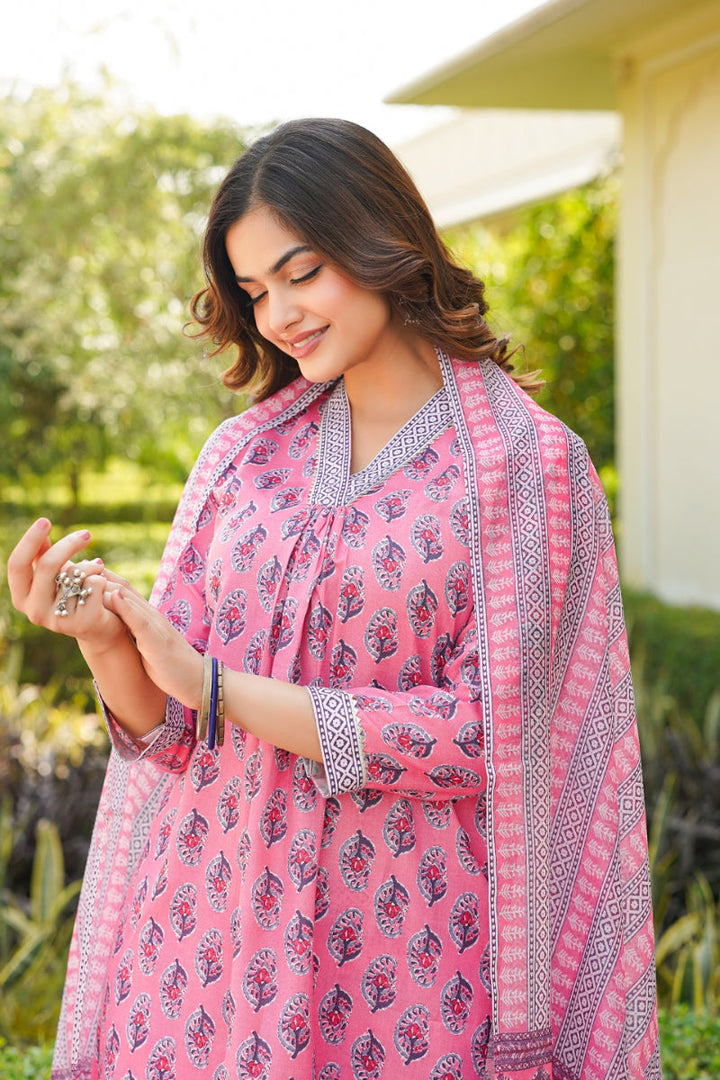 Pink Rayon Blend Ethnic Motifs Printed Straight Kurta Trouser With Dupatta | SHOBITAM