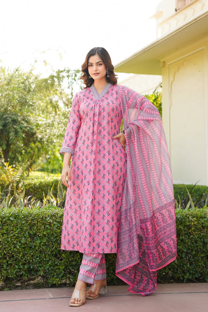 Pink Rayon Blend Ethnic Motifs Printed Straight Kurta Trouser With Dupatta | SHOBITAM