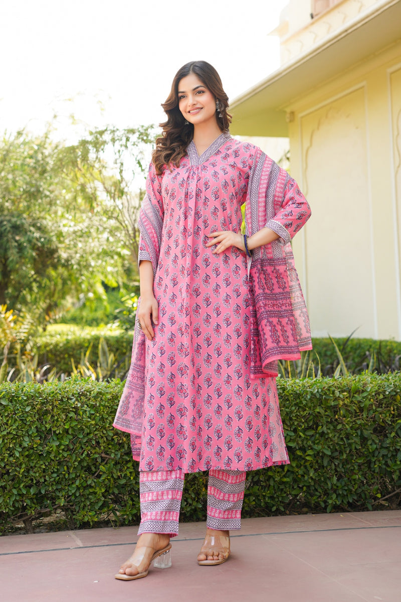 Pink Rayon Blend Ethnic Motifs Printed Straight Kurta Trouser With Dupatta | SHOBITAM