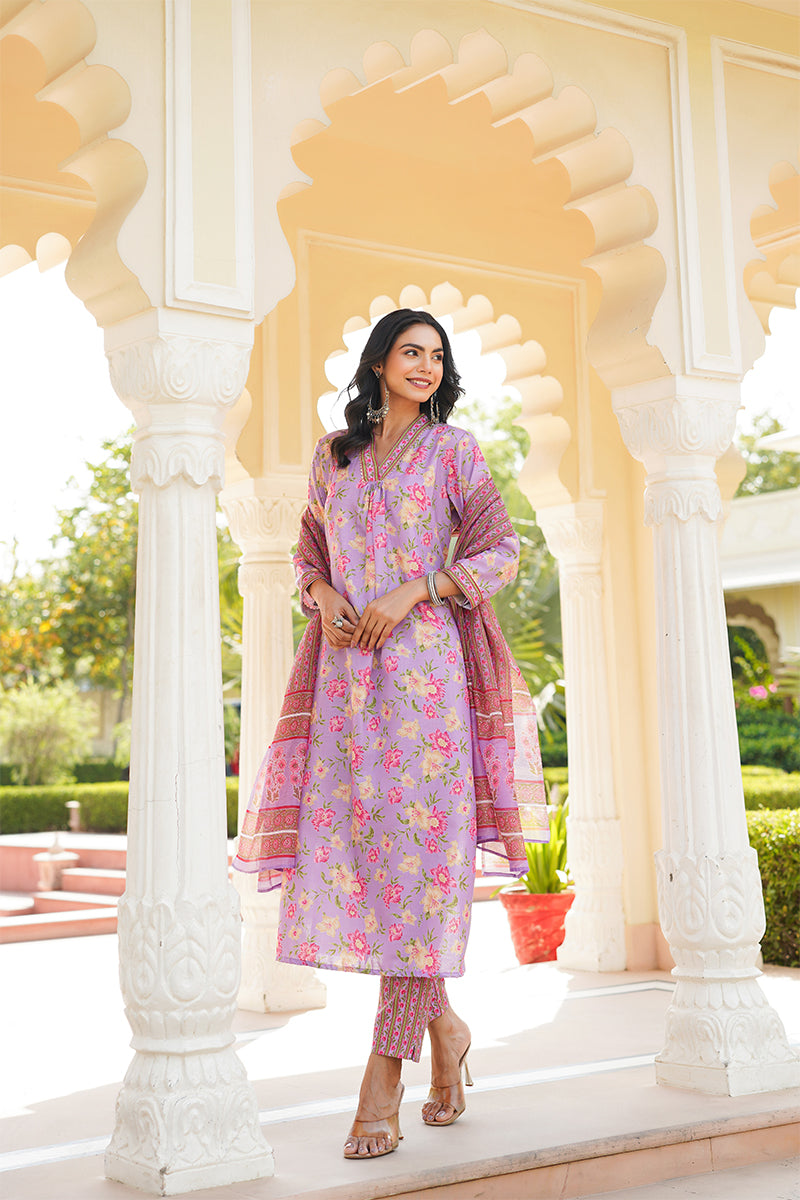 Purple Rayon Blend Floral Printed Straight Kurta Trousers With Dupatta | SHOBITAM
