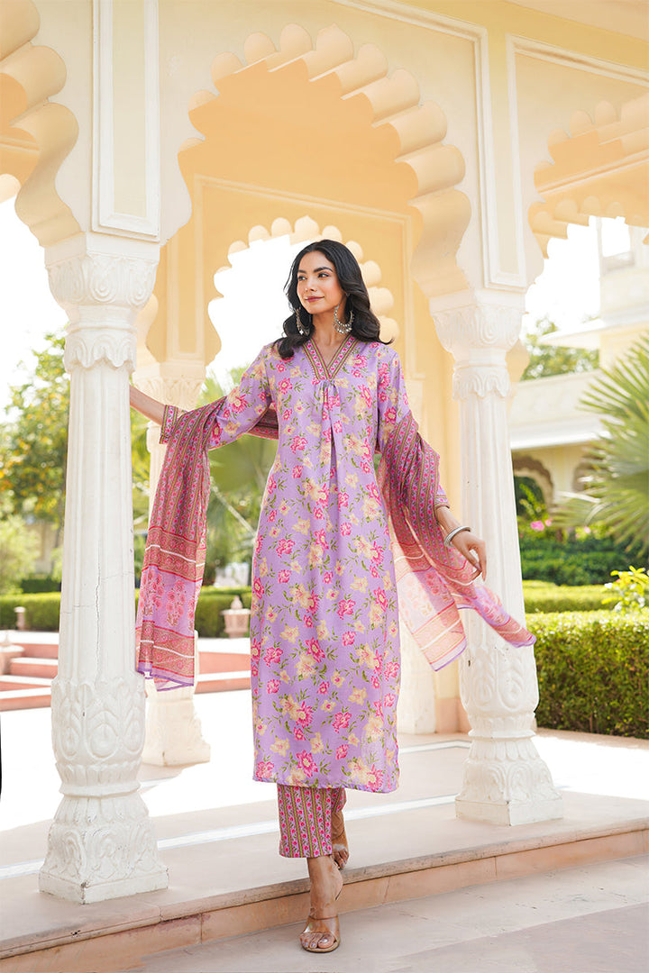 Purple Rayon Blend Floral Printed Straight Kurta Trousers With Dupatta | SHOBITAM