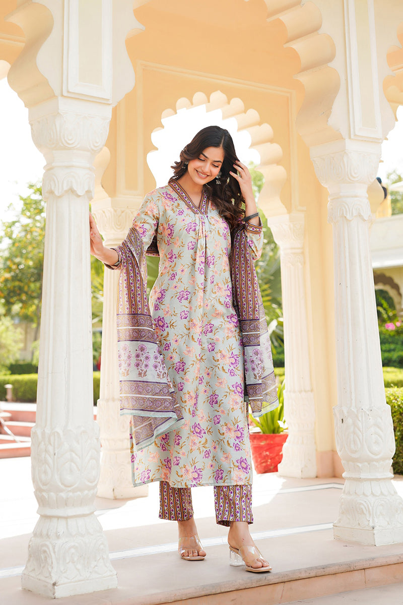 Green Rayon Blend Floral Printed Straight Kurta Trousers With Dupatta |SHOBITAM