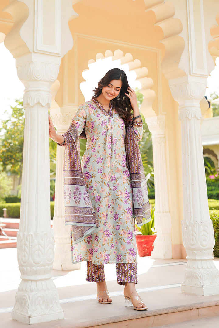 Green Rayon Blend Floral Printed Straight Kurta Trousers With Dupatta |SHOBITAM