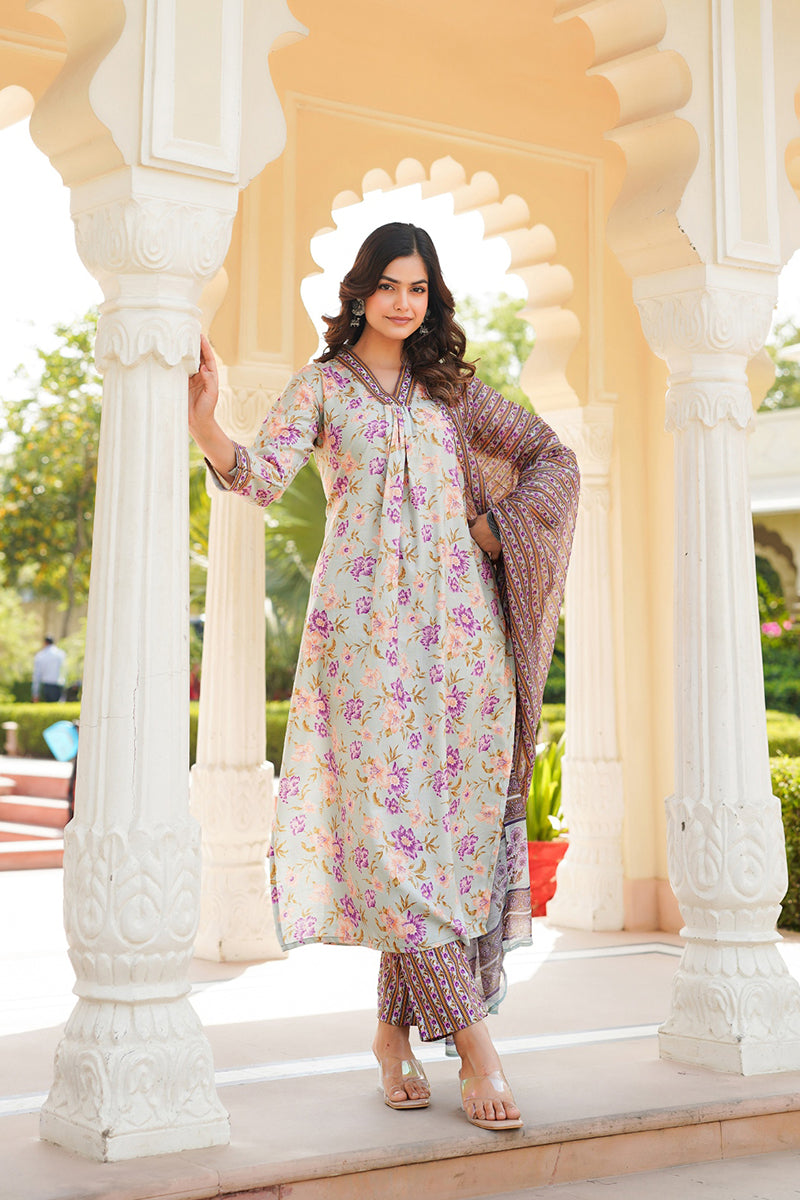 Green Rayon Blend Floral Printed Straight Kurta Trousers With Dupatta |SHOBITAM
