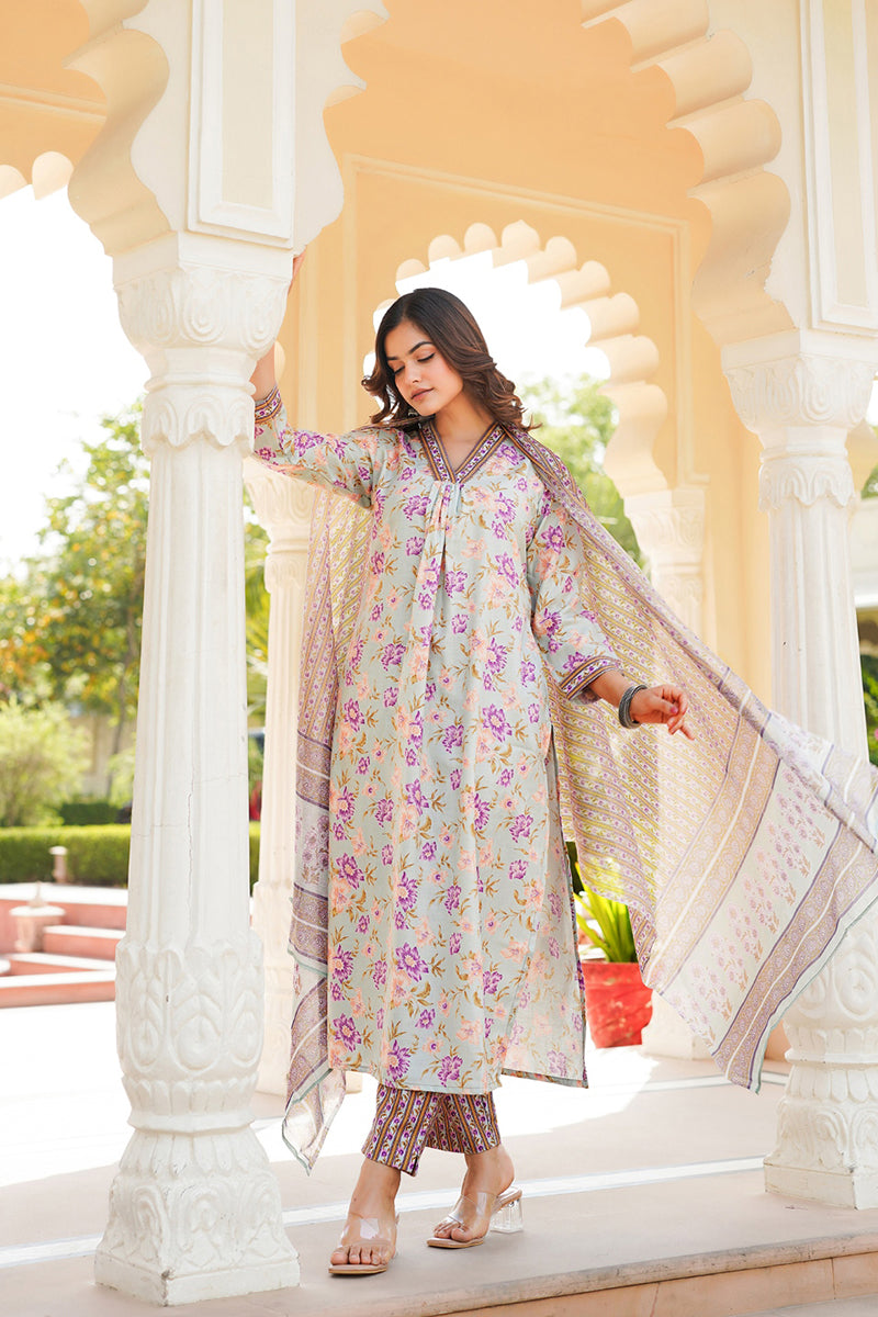 Green Rayon Blend Floral Printed Straight Kurta Trousers With Dupatta |SHOBITAM