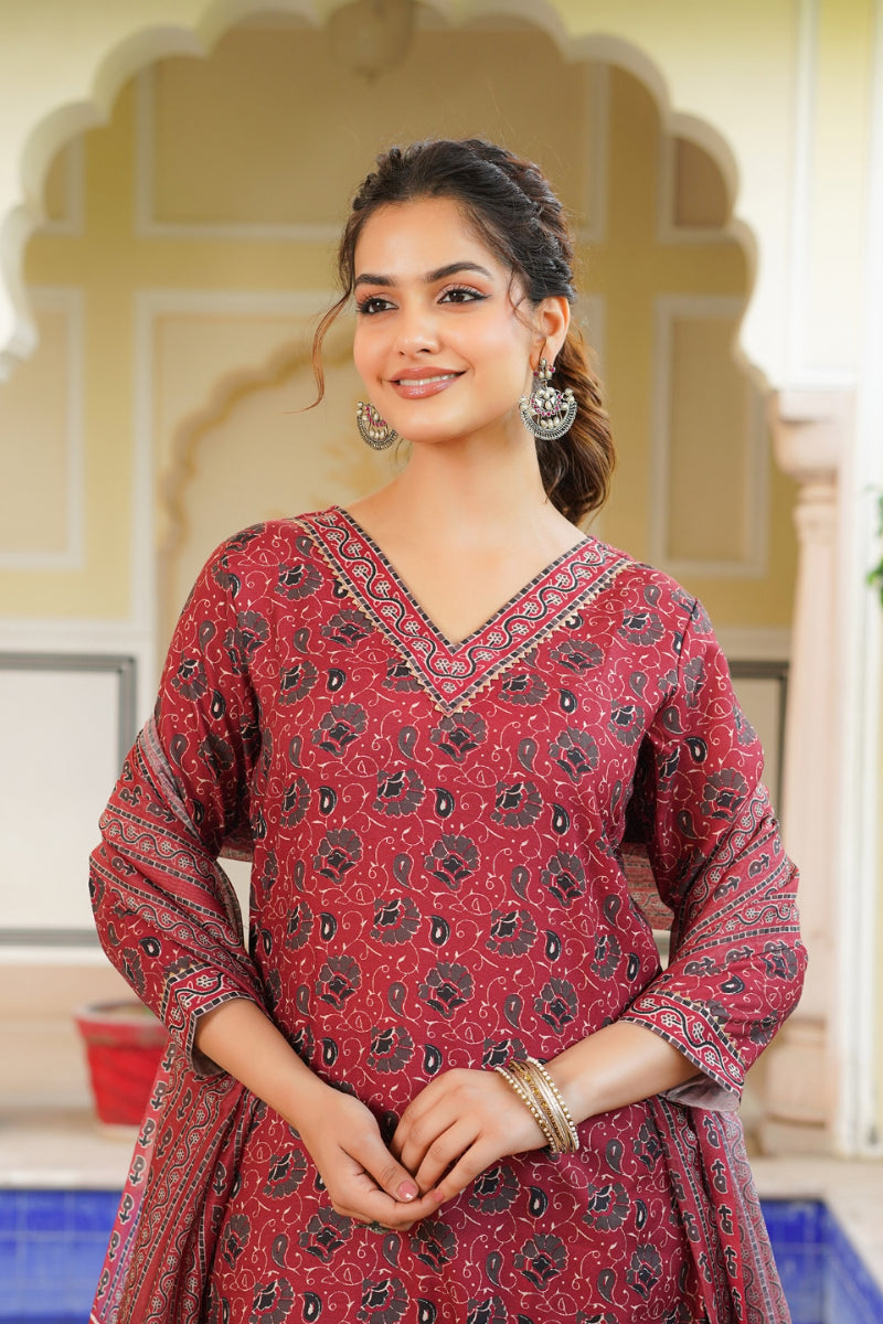 Pink Rayon Blend Floral Printed A-Line Kurta Palazzo With Dupatta | SHOBITAM