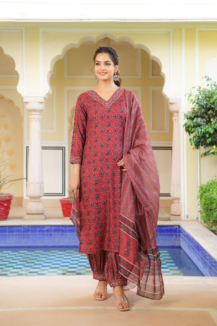 Red Rayon Blend Ethnic Motifs Printed Straight Kurta Salwar With Dupatta | SHOBITAM