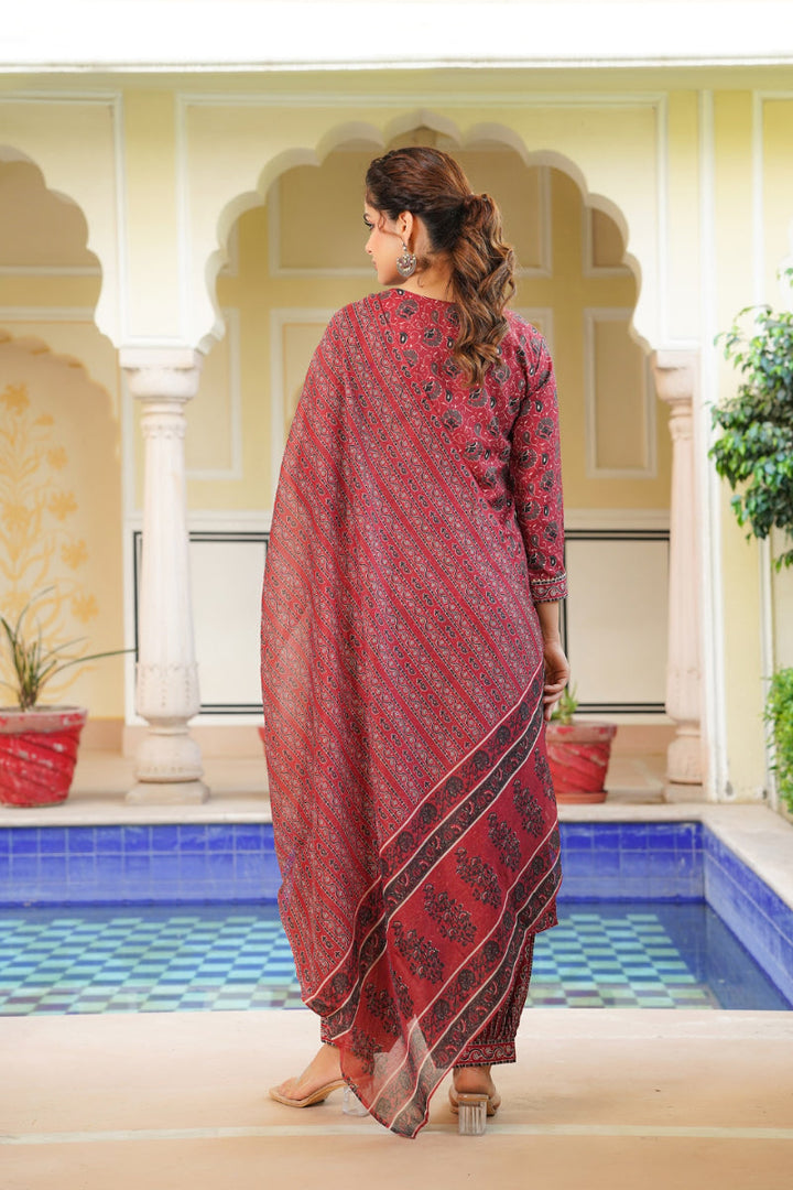 Red Rayon Blend Ethnic Motifs Printed Straight Kurta Salwar With Dupatta | SHOBITAM