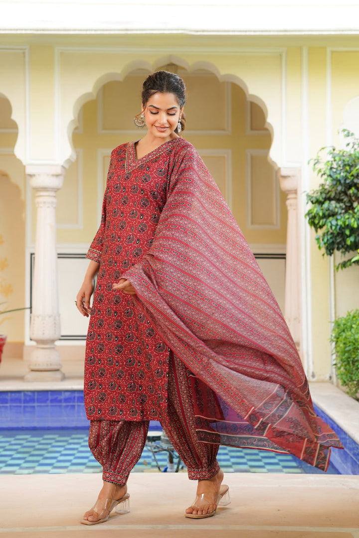 Pink Rayon Blend Floral Printed A-Line Kurta Palazzo With Dupatta | SHOBITAM
