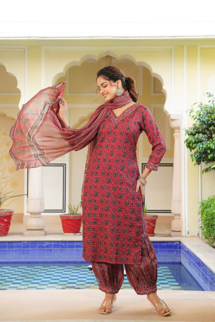 Red Rayon Blend Ethnic Motifs Printed Straight Kurta Salwar With Dupatta | SHOBITAM