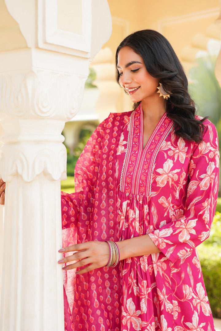 Pink Rayon Blend Floral Printed A-Line Kurta Palazzo With Dupatta | SHOBITAM