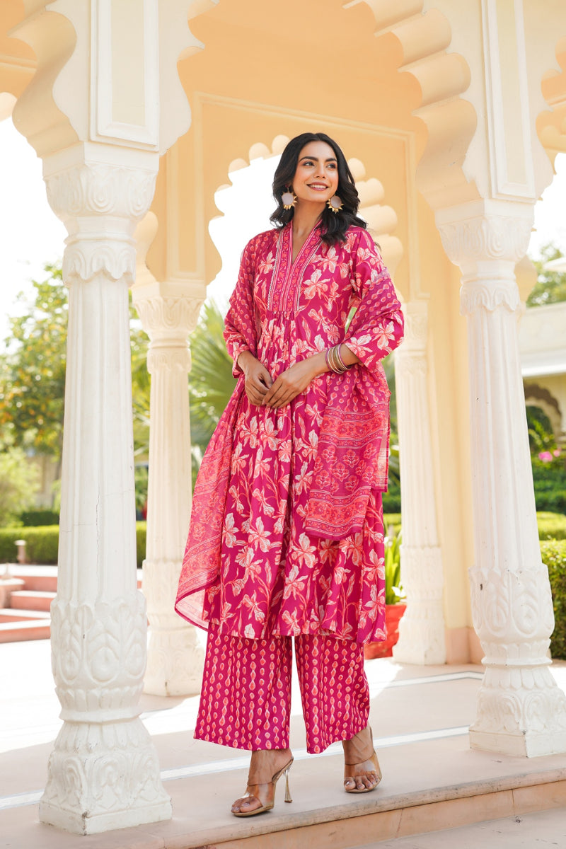 Pink Rayon Blend Floral Printed A-Line Kurta Palazzo With Dupatta | SHOBITAM