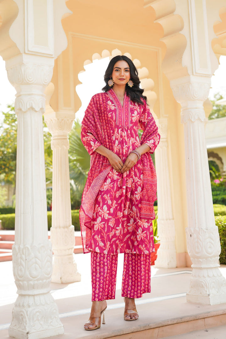 Pink Rayon Blend Floral Printed A-Line Kurta Palazzo With Dupatta | SHOBITAM