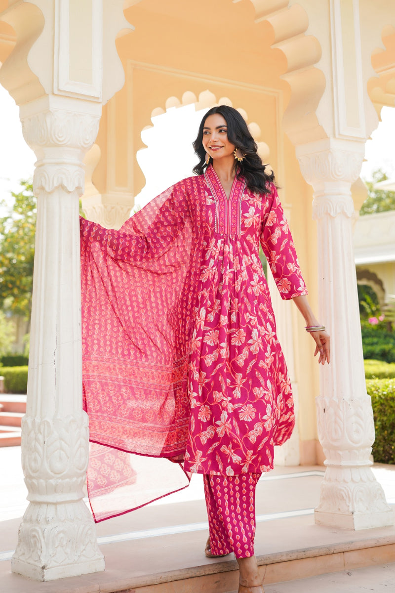 Pink Rayon Blend Floral Printed A-Line Kurta Palazzo With Dupatta | SHOBITAM