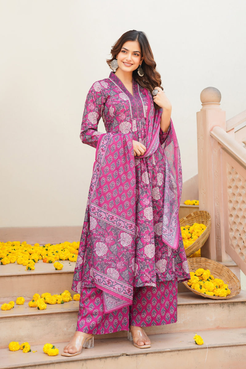 Pink Rayon Blend Floral Printed A-Line Kurta Palazzo With Dupatta | SHOBITAM