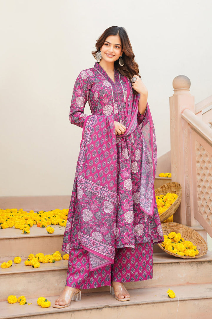 Pink Rayon Blend Floral Printed A-Line Kurta Palazzo With Dupatta | SHOBITAM
