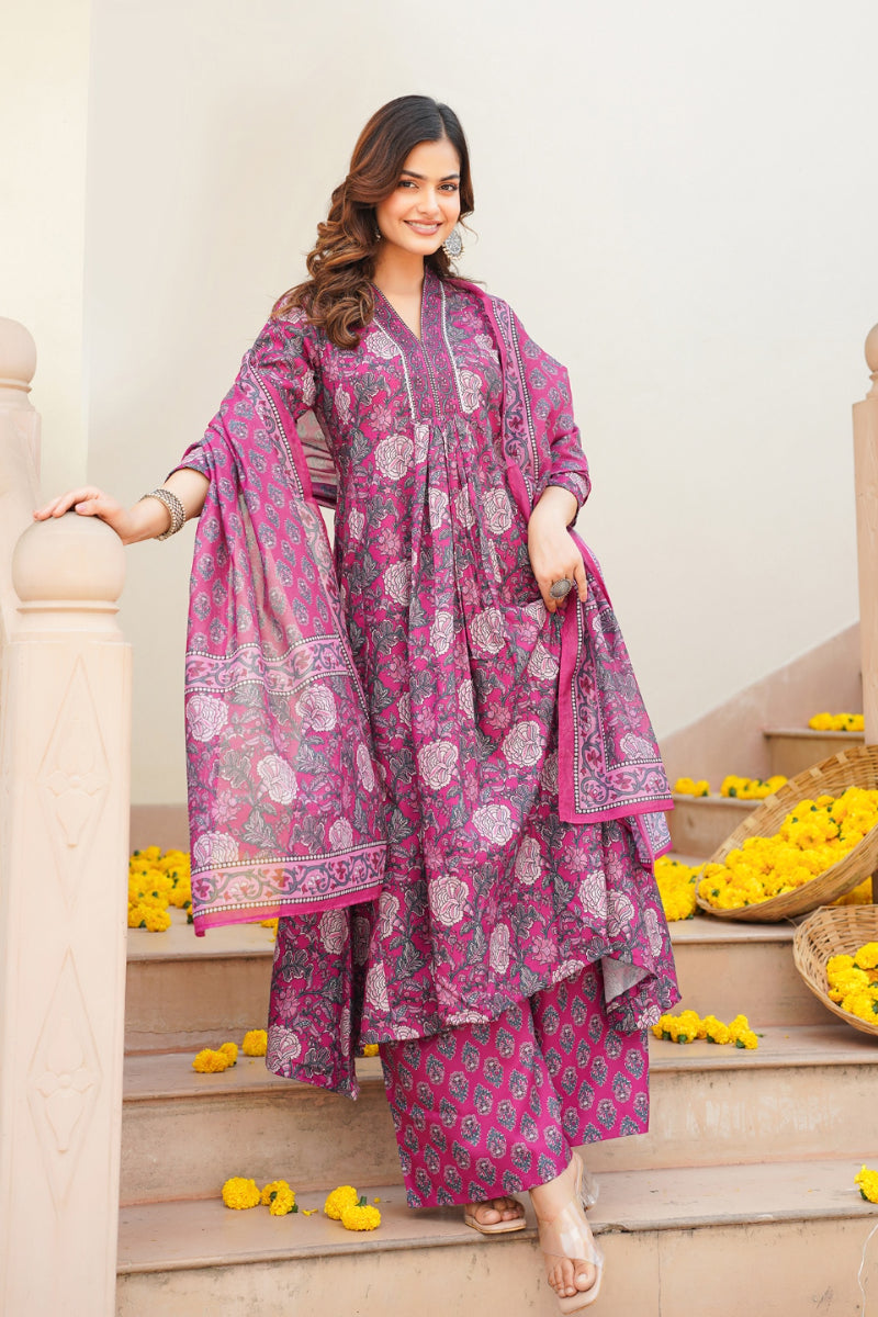 Pink Rayon Blend Floral Printed A-Line Kurta Palazzo With Dupatta | SHOBITAM