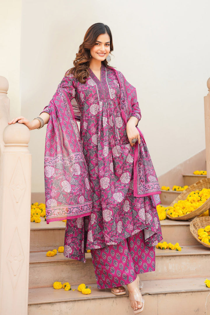 Pink Rayon Blend Floral Printed A-Line Kurta Palazzo With Dupatta | SHOBITAM