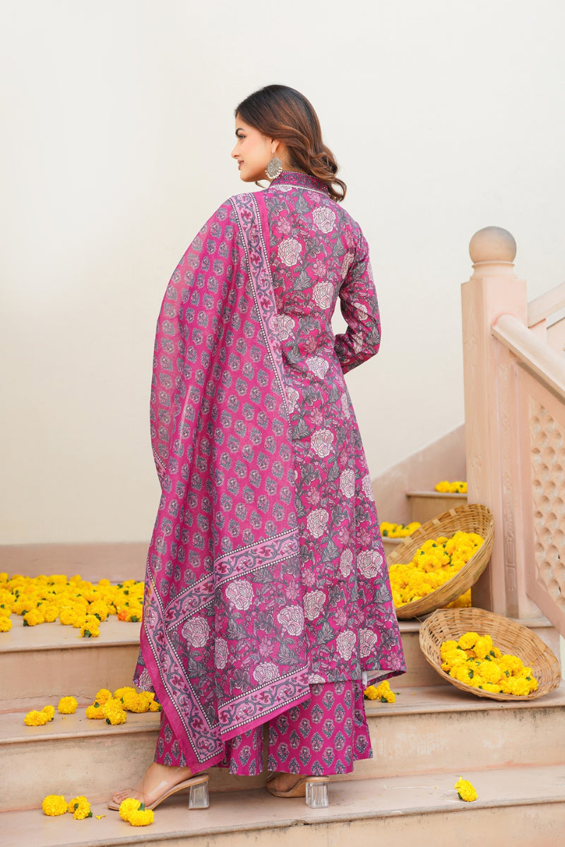 Pink Rayon Blend Floral Printed A-Line Kurta Palazzo With Dupatta | SHOBITAM