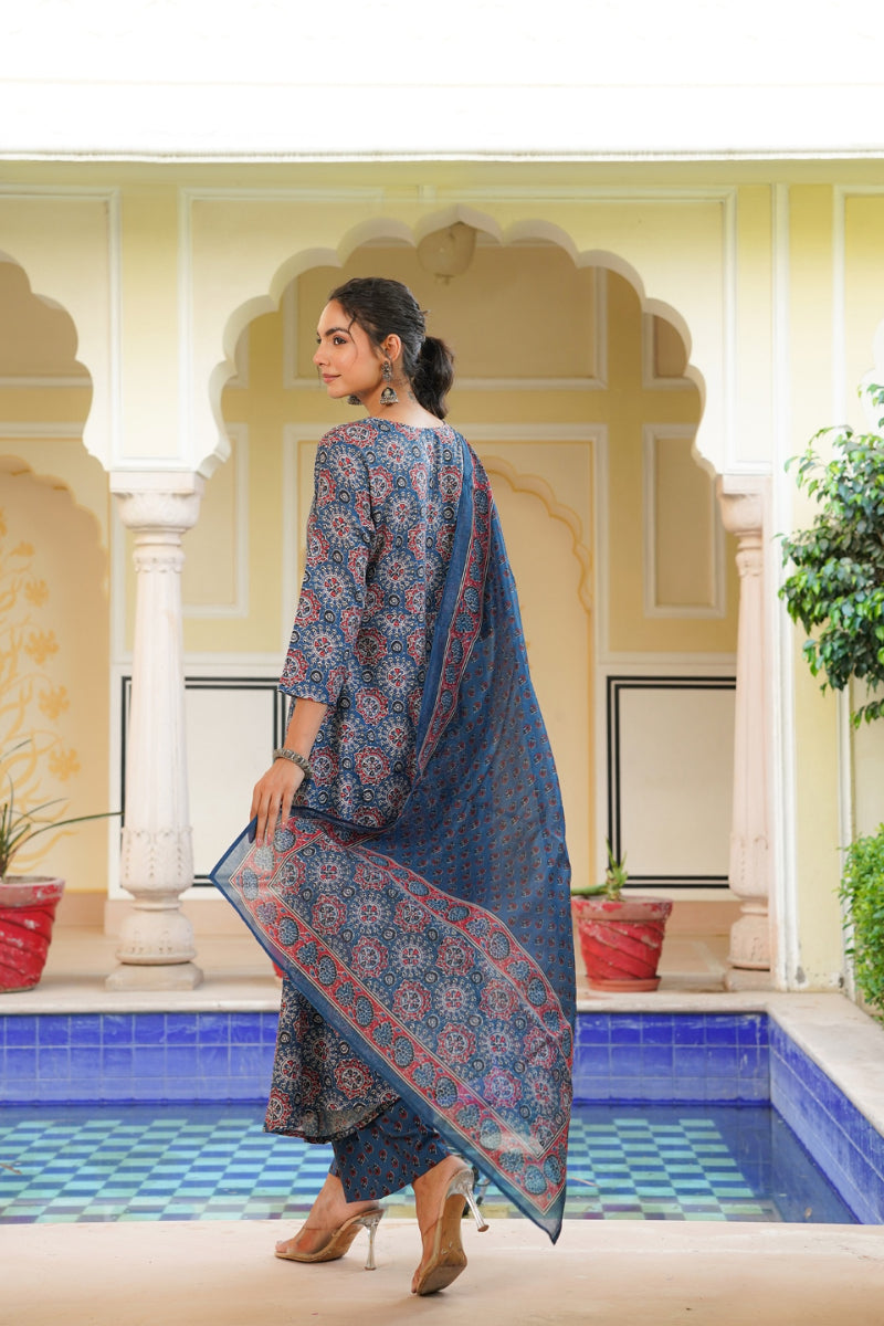Blue Rayon Blend Ajrakh Printed A-Line Kurta Palazzo With Dupatta | SHOBITAM
