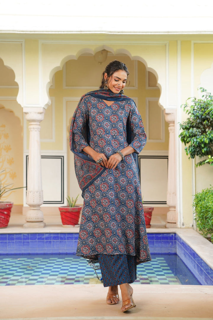 Blue Rayon Blend Ajrakh Printed A-Line Kurta Palazzo With Dupatta | SHOBITAM