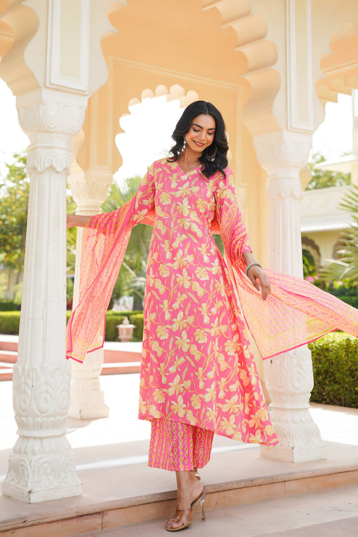 Pink Rayon Blend Floral Printed A-Line Kurta Palazzo With Dupatta | SHOBITAM