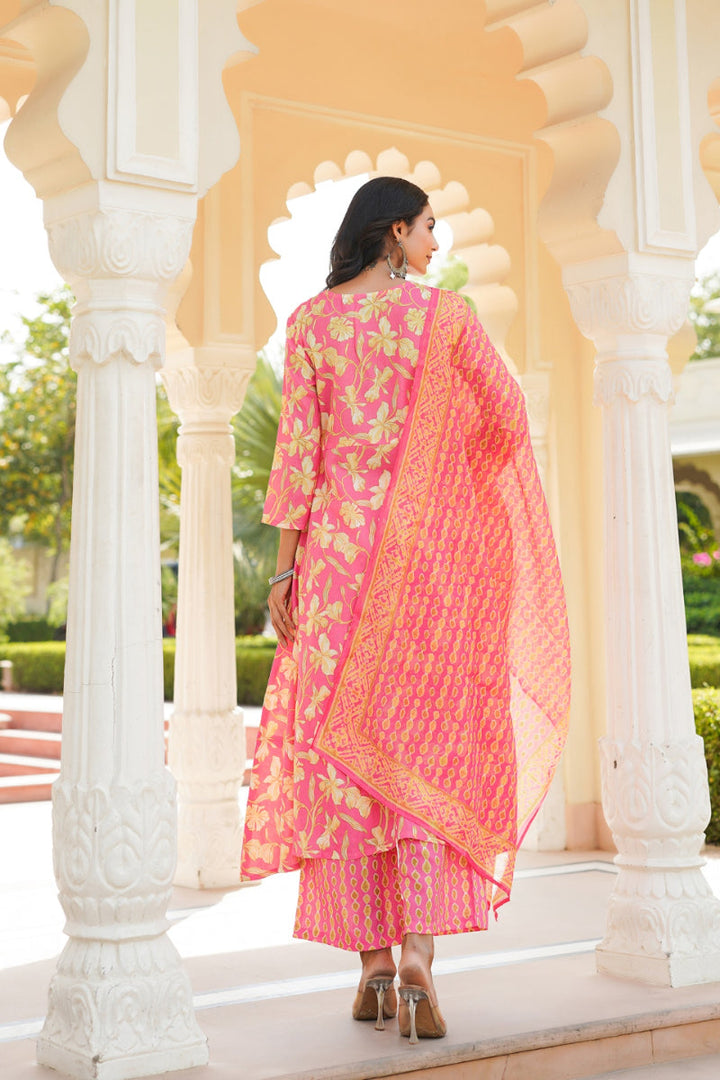 Pink Rayon Blend Floral Printed A-Line Kurta Palazzo With Dupatta | SHOBITAM