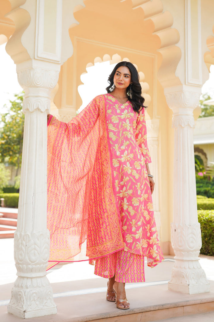 Pink Rayon Blend Floral Printed A-Line Kurta Palazzo With Dupatta | SHOBITAM