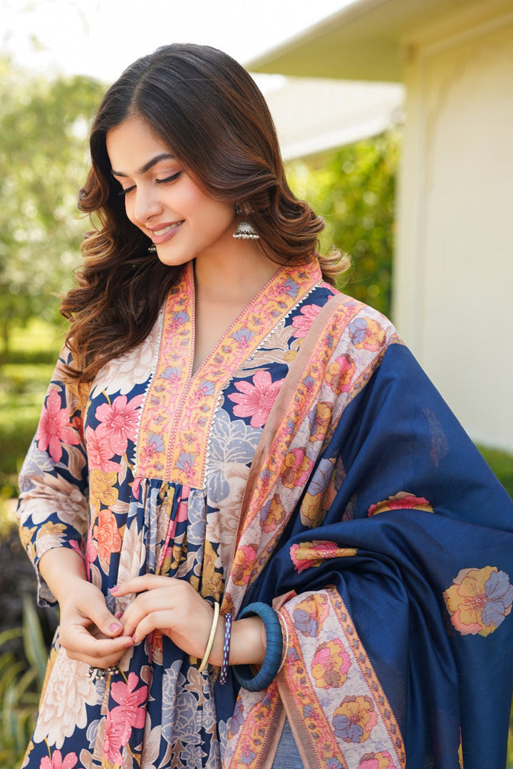 Navy Blue Rayon Blend Floral Printed A-Line Kurta Palazzo With Dupatta | SHOBITAM