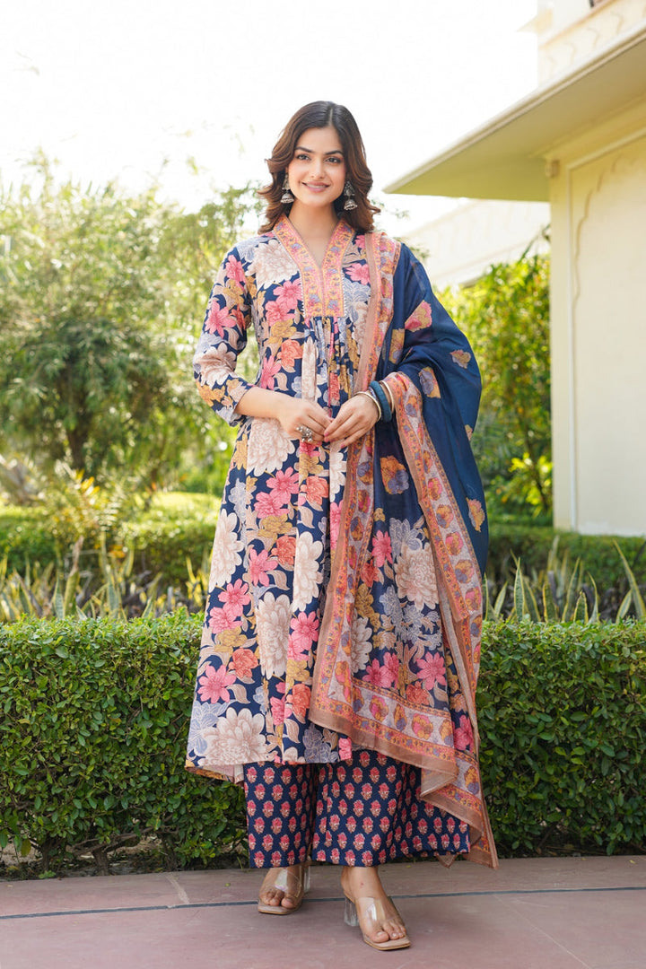 Navy Blue Rayon Blend Floral Printed A-Line Kurta Palazzo With Dupatta | SHOBITAM