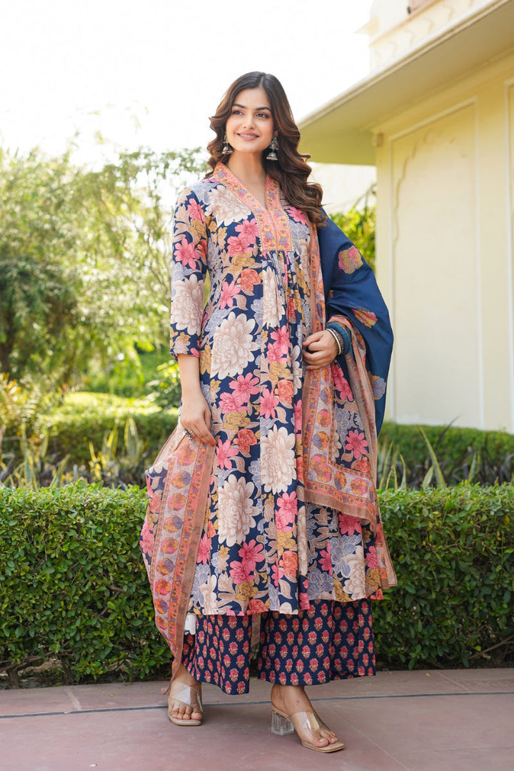 Navy Blue Rayon Blend Floral Printed A-Line Kurta Palazzo With Dupatta | SHOBITAM