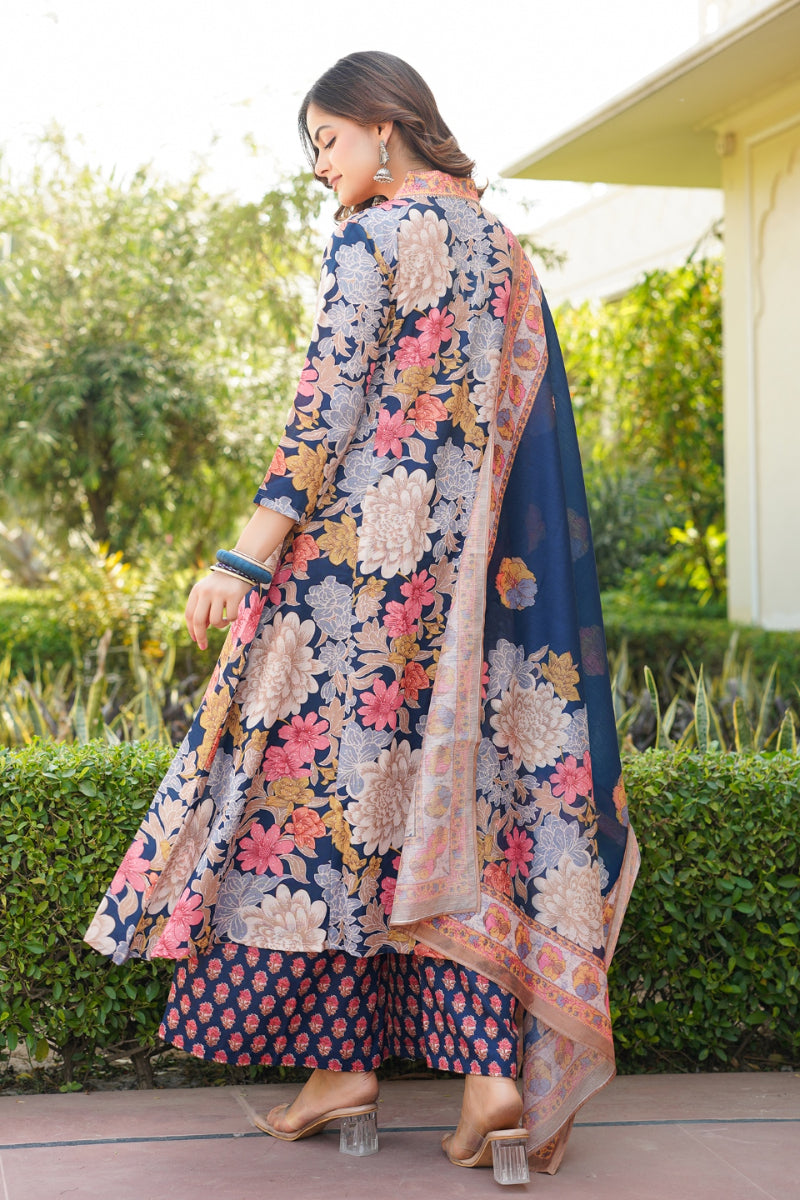 Navy Blue Rayon Blend Floral Printed A-Line Kurta Palazzo With Dupatta | SHOBITAM