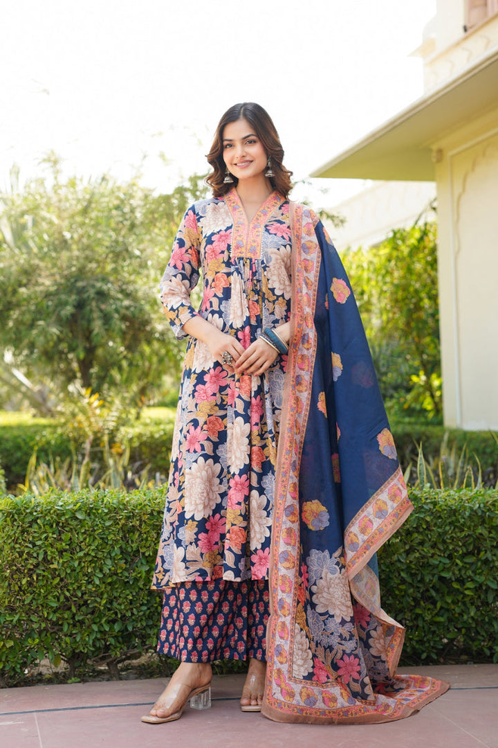 Navy Blue Rayon Blend Floral Printed A-Line Kurta Palazzo With Dupatta | SHOBITAM