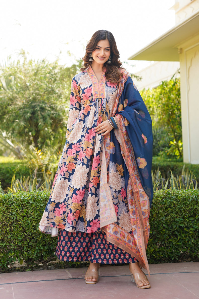 Navy Blue Rayon Blend Floral Printed A-Line Kurta Palazzo With Dupatta | SHOBITAM